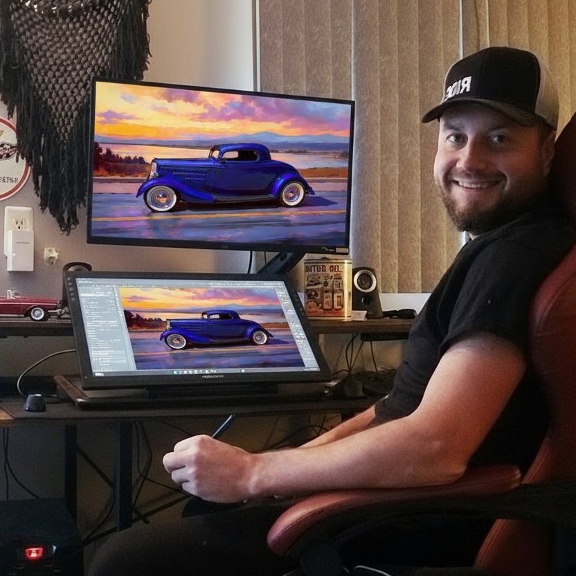 Wes Klee at his easel painting a classic car