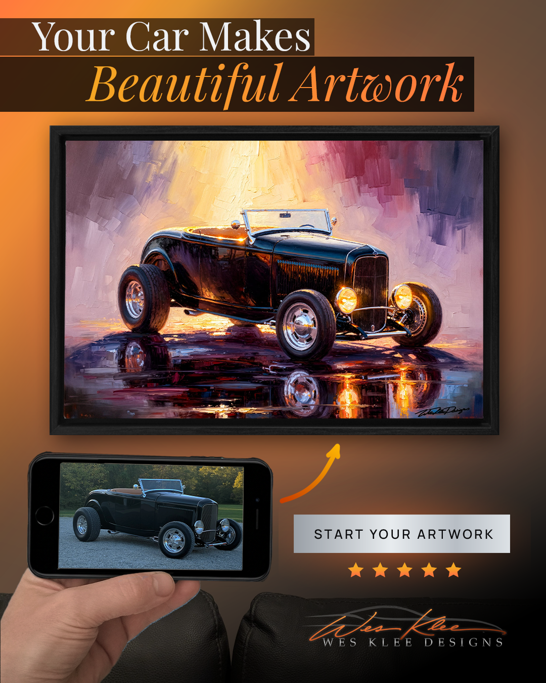 A phone photo of a car next to the framed painting made from it, hanging on the wall