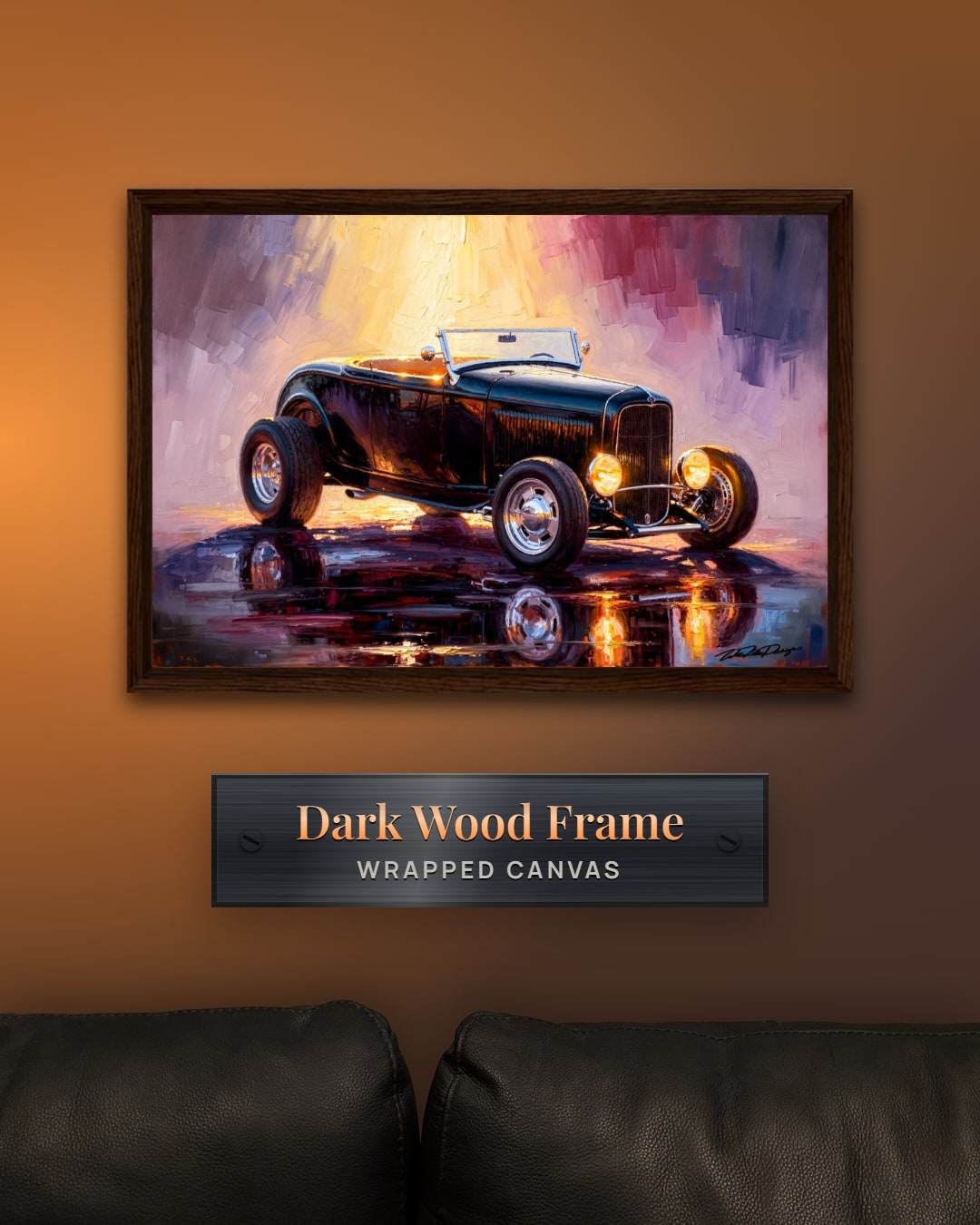 Custom car painting on framed canvas, dark wood frame, hung above a sofa