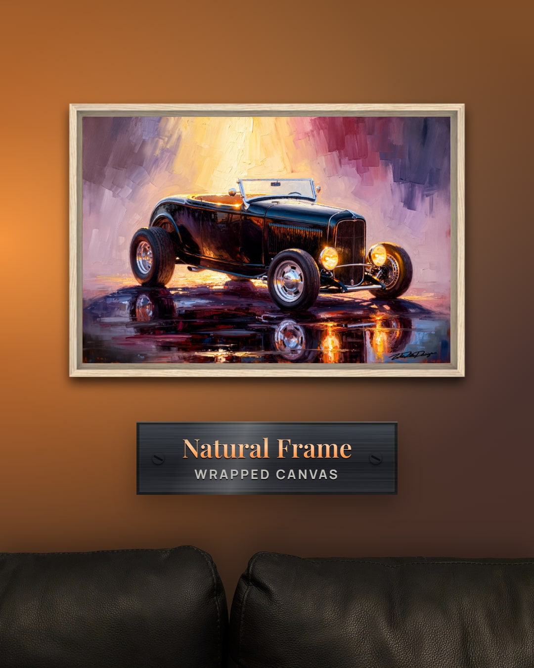 Custom car painting on framed canvas, natural wood frame, hung above a sofa