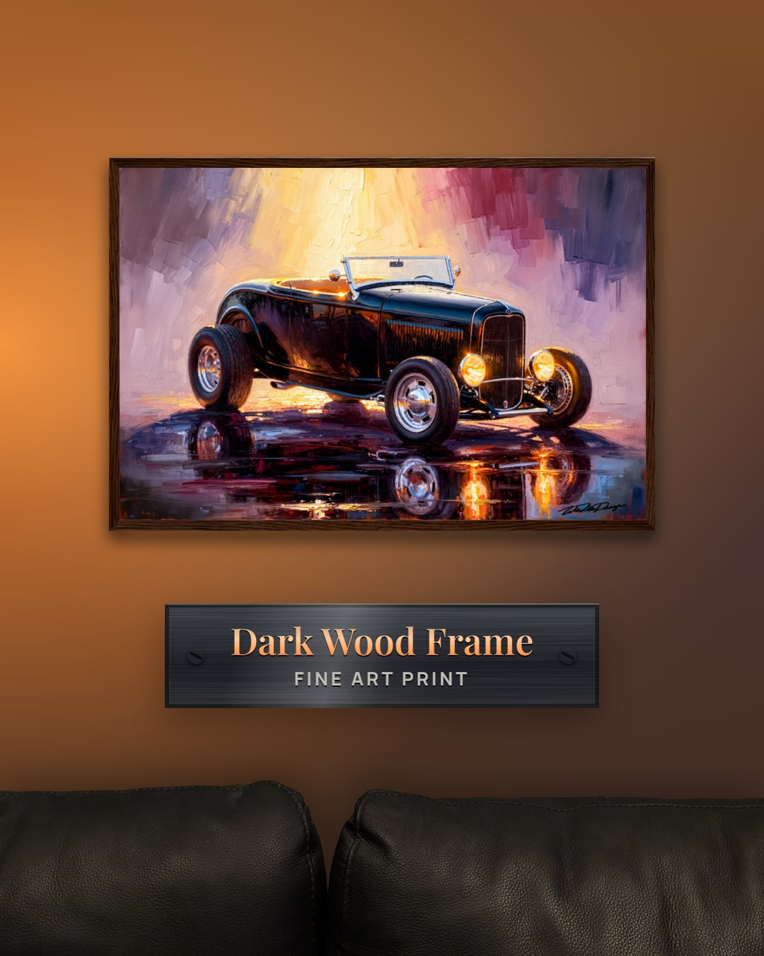 Custom car painting framed print, dark wood frame, hung above a sofa