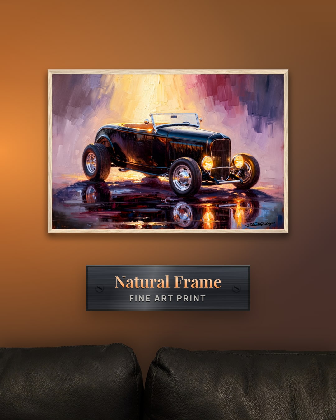 Custom car painting framed print, natural wood frame, hung above a sofa