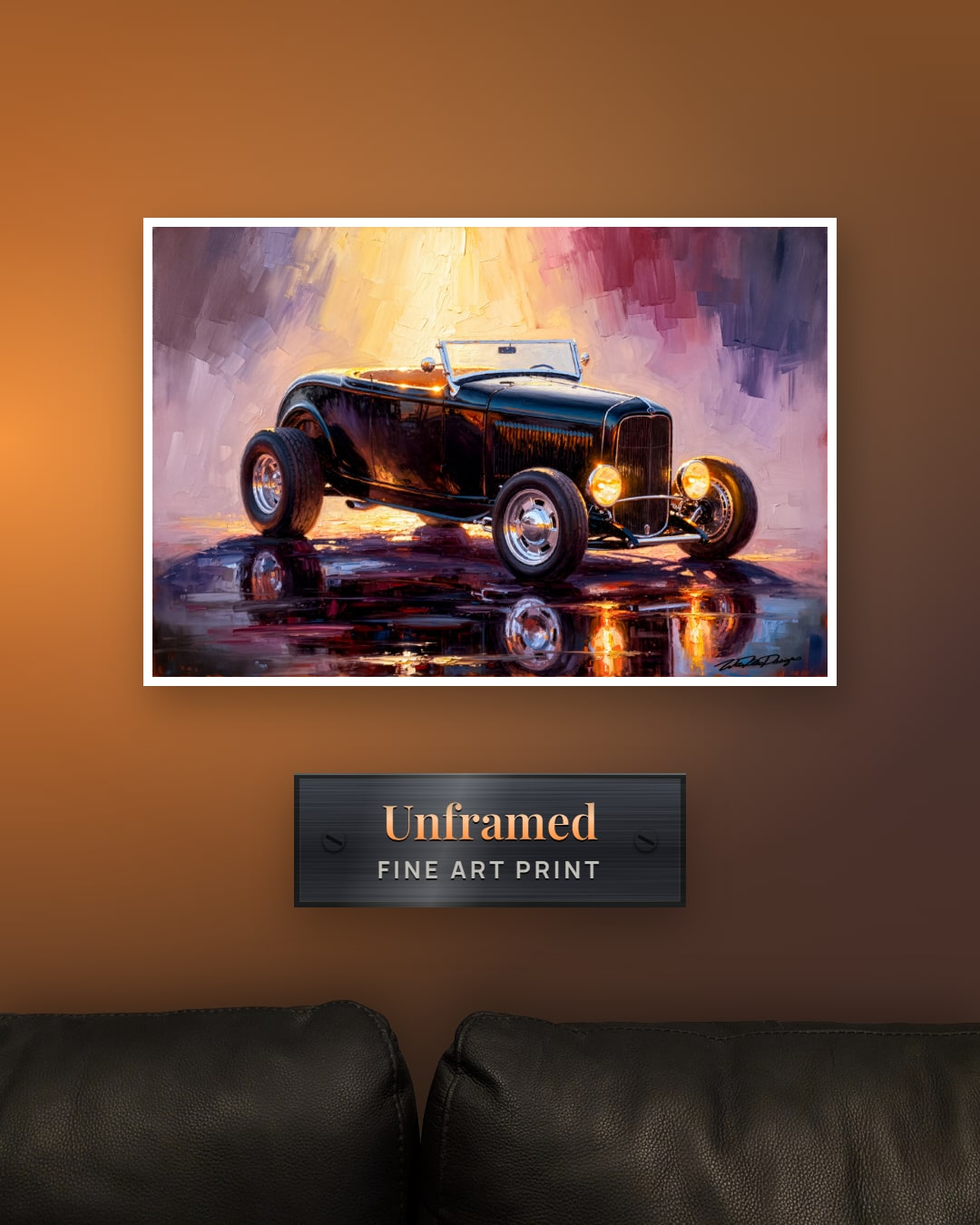 Custom car painting fine art print, unframed, hung above a sofa