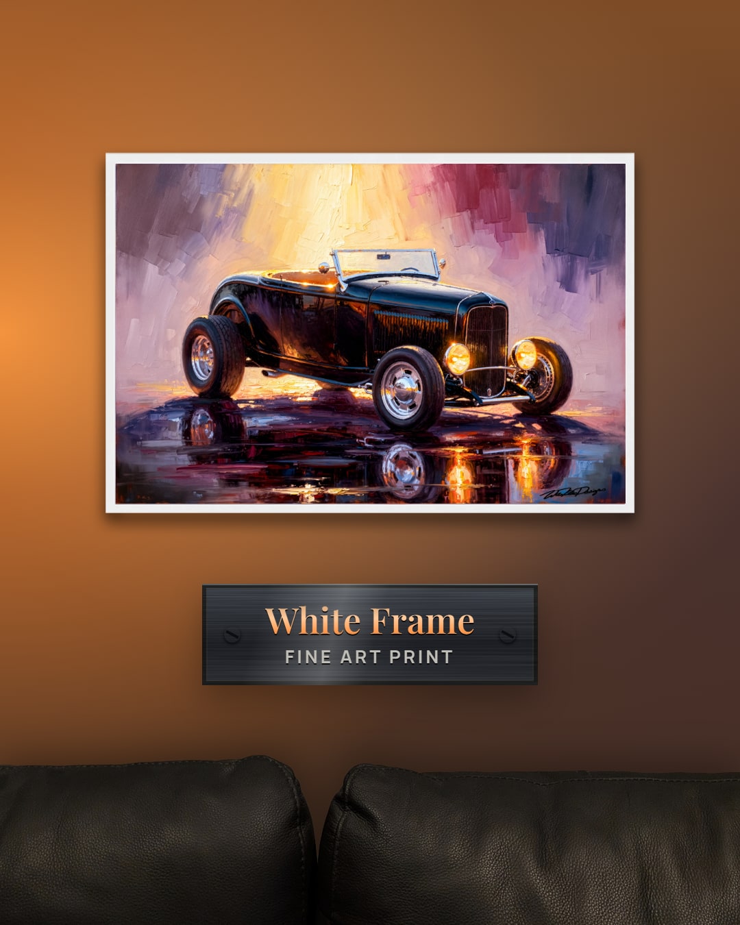 Custom car painting framed print, white frame, hung above a sofa