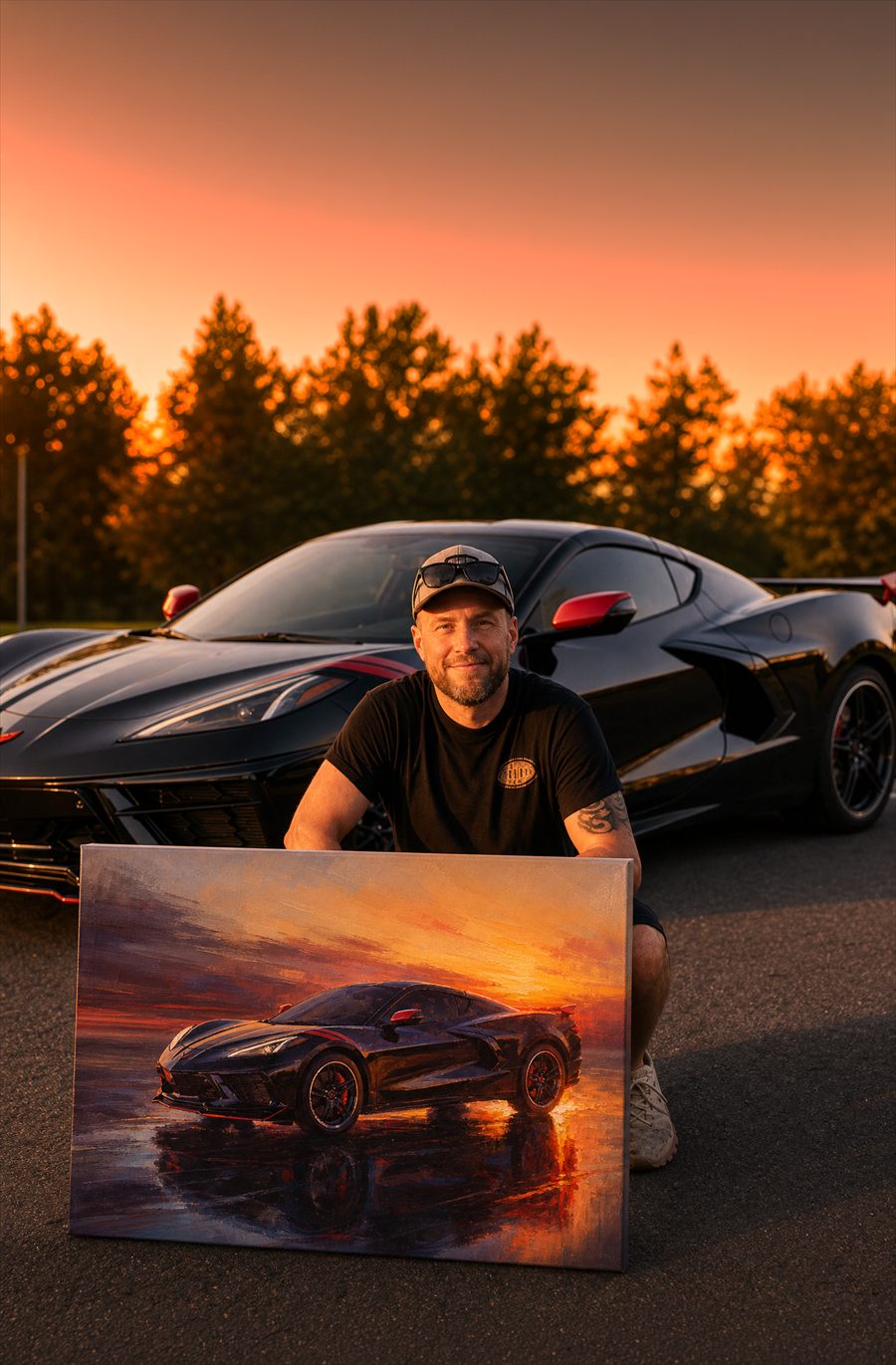 Wes Klee at sunset with his Corvette and a finished commissioned painting