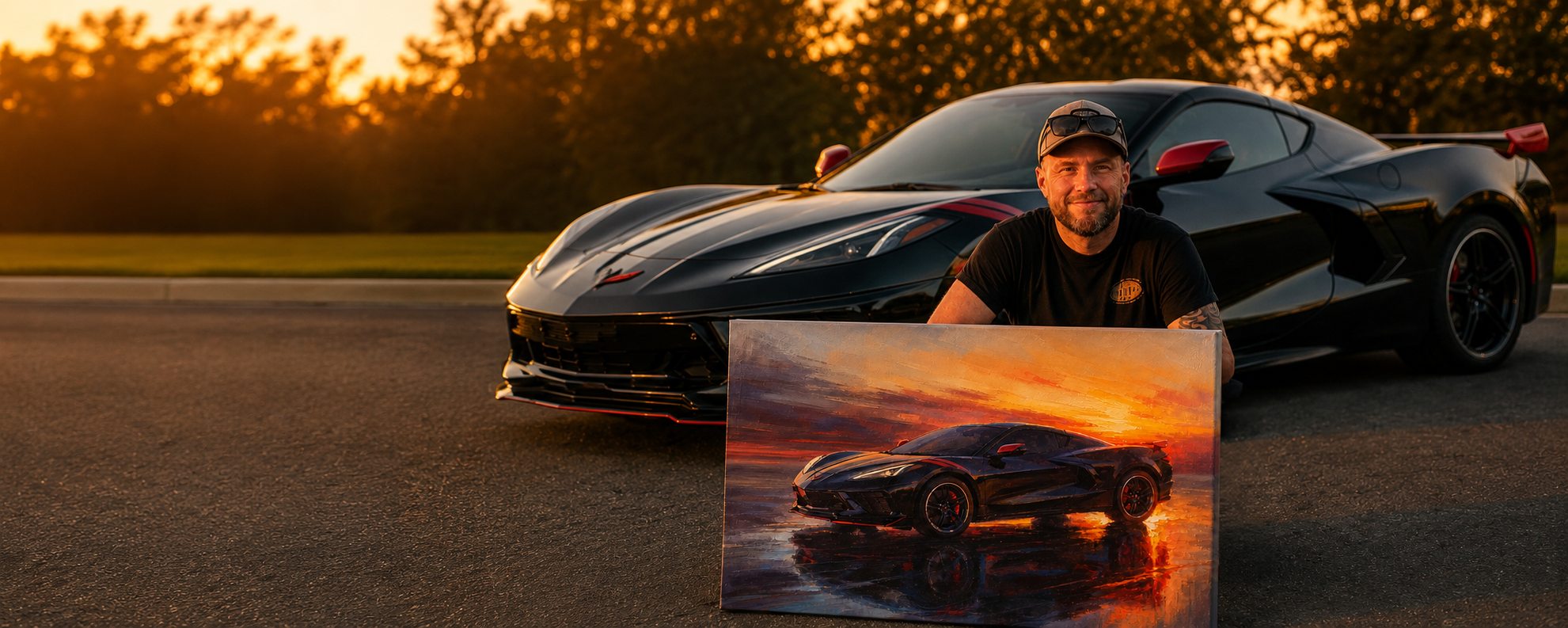 Wes Klee at sunset with his Corvette and a finished commissioned painting