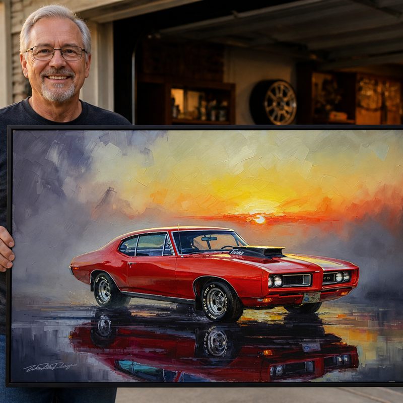 Collector with his framed '69 GTO Judge artwork