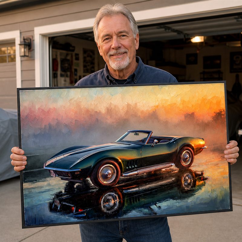 Collector with his framed '68 Corvette Convertible artwork