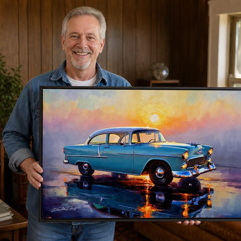 Collector with his framed '55 Bel Air artwork