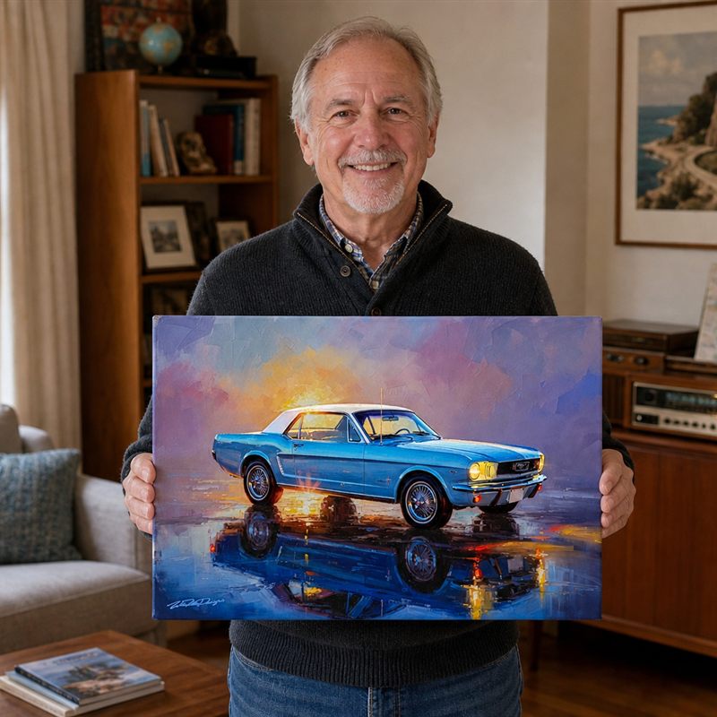 Collector with his framed '66 Mustang artwork