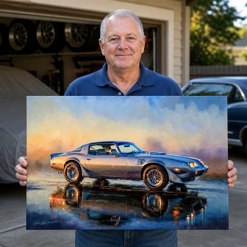 Collector with his framed '79 Trans Am artwork