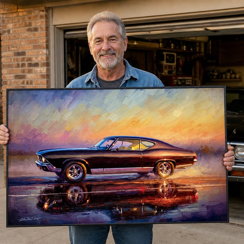 Collector with his framed '67 Chevelle Malibu artwork