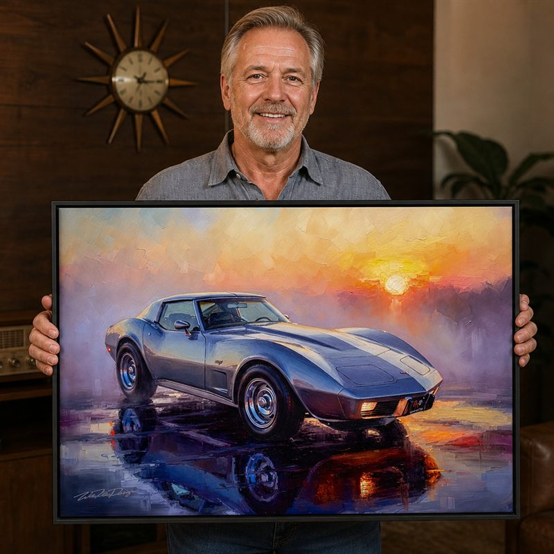 Collector with his framed '78 Corvette Stingray artwork