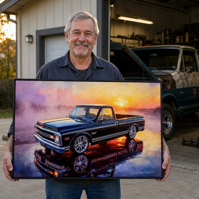 Collector with his framed '70 C10 Pickup artwork