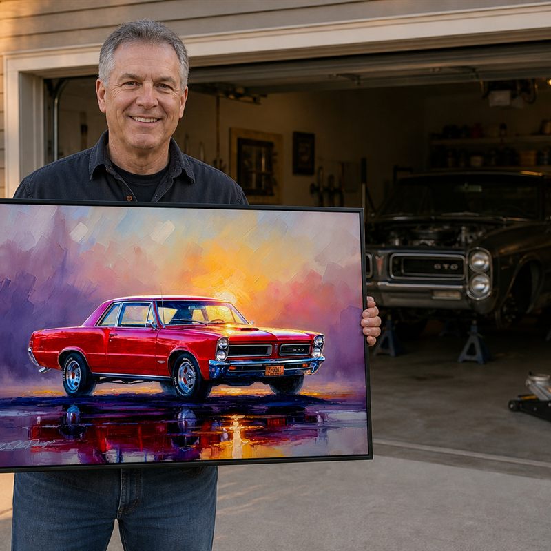 Collector with his framed '66 GTO artwork