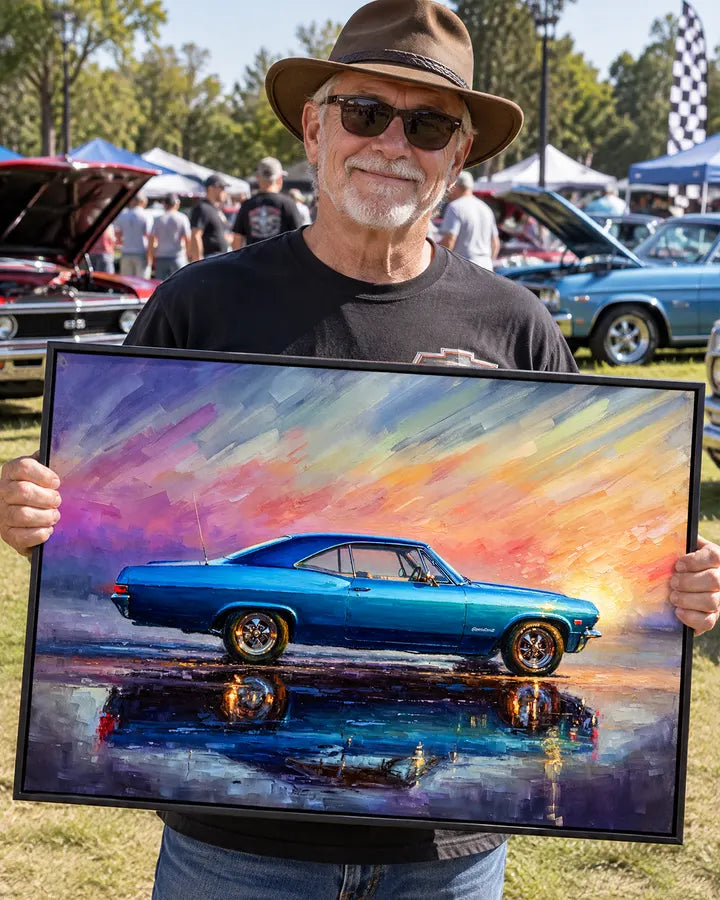 Customer holding his framed Impala artwork