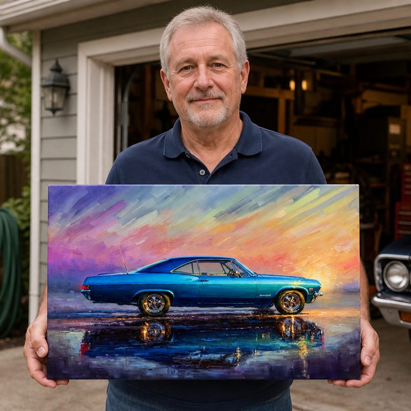 Collector with his framed '67 Impala SS artwork