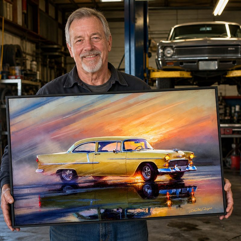 Collector with his framed '55 Bel Air artwork