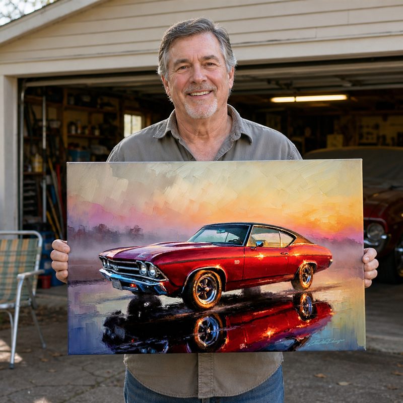 Collector with his framed '69 Chevelle SS artwork