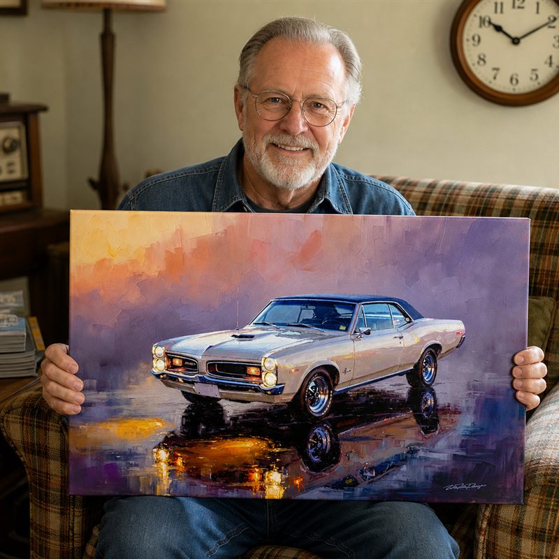 Collector with his framed '67 GTO artwork