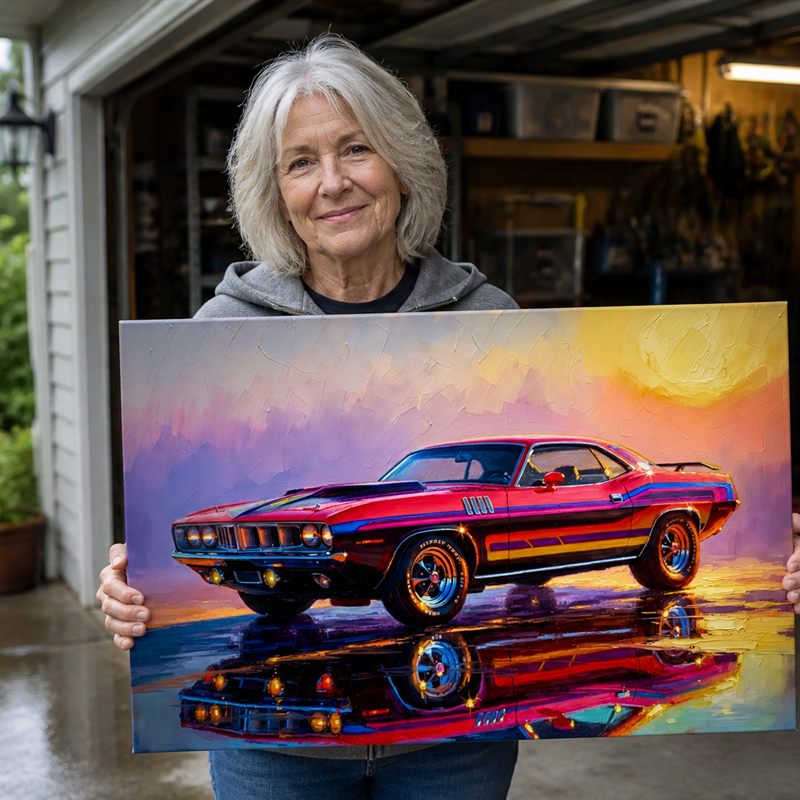 Collector with his framed '70 Barracuda artwork
