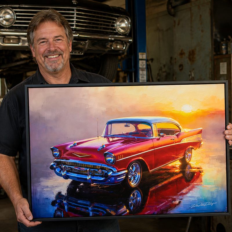 Collector with his framed '56 Bel Air artwork