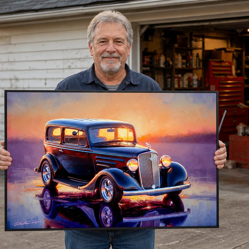 Collector with his framed '35 Coupe artwork